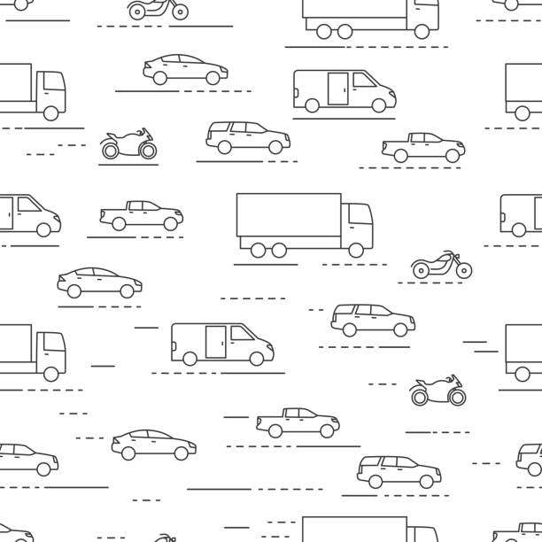 Seamless cars and bikes pattern grey on white background Seamless cars and bikes icons pattern grey vector on white background truck patterns stock illustrations