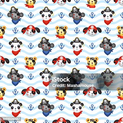 istock Seamless cartoon pattern on the theme of pirates on a striped background. 1401026487