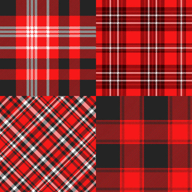 Seamless cheater quilt pattern in red, black and white Allover whole cloth fabric print plaid stock illustrations