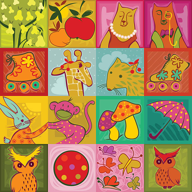 seamless checked doodle colorful animals vector art illustration