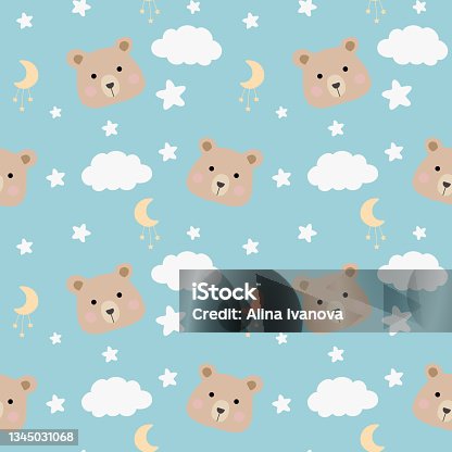istock Seamless childish pattern with cute bears, clouds, moon, stars. Baby texture for fabric, wrapping, textile, wallpaper, clothing. Vector illustration 1345031068