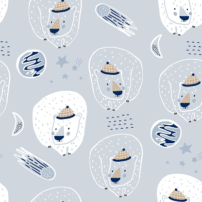 Seamless childish pattern with cute bears in winter hats. Creative kids texture for fabric, wrapping, textile, wallpaper, apparel. Vector illustration