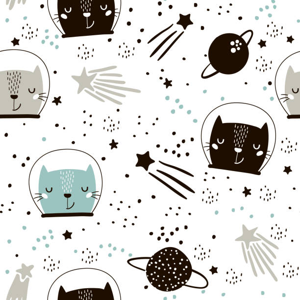 Seamless childish pattern with cute cats astronauts. Creative nursery background. Perfect for kids design, fabric, wrapping, wallpaper, textile, apparel Seamless childish pattern with cute cats astronauts. Creative nursery background. Perfect for kids design, fabric, wrapping, wallpaper, textile, apparel outer space patterns stock illustrations