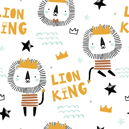 Seamless childish pattern with cute lion king, crowns, stars. Creative scandinavian style kids texture for fabric, wrapping, textile, wallpaper, apparel. Vector illustration