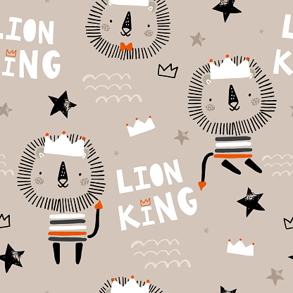 Seamless childish pattern with cute lion king, crowns, stars. Creative scandinavian style kids texture for fabric, wrapping, textile, wallpaper, apparel. Vector illustration
