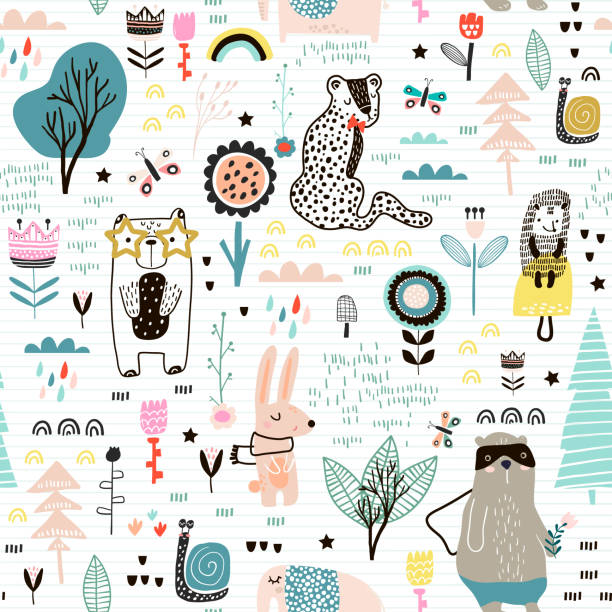 Seamless childish pattern with fairy flowers, bear,bunny, leopard, hedgehog.. Creative kids city texture for fabric, wrapping, textile, wallpaper, apparel. Vector illustration Seamless childish pattern with fairy flowers, bear,bunny, leopard, hedgehog.. Creative kids city texture for fabric, wrapping, textile, wallpaper, apparel. Vector illustration cute illustrations stock illustrations