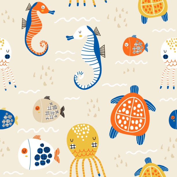 Seamless childish pattern with octopus, sea horse, fish,turtle.Creative under sea summer texture for fabric, wrapping, textile, wallpaper, apparel. Vector illustration  simple fish drawings stock illustrations