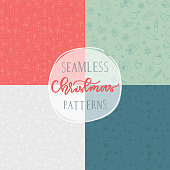 A set of Christmas themed seamless patterns. Messy, hand drawn decorations, snowflakes, presents and other Christmas doodles. EPS10 vector illustration, global colors, easy to modify.
