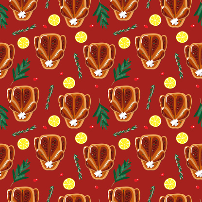 Seamless Christmas roasted chicken, duck or goose illustration pattern, red background. Perfectly usable for all christmas related projects. vector