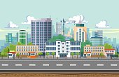 istock Seamless city landscape vector illustration. Summer city landscape in flat design. Modern city background with Skyscrapers, bus stop, road, trees and city buildings. 1249841829