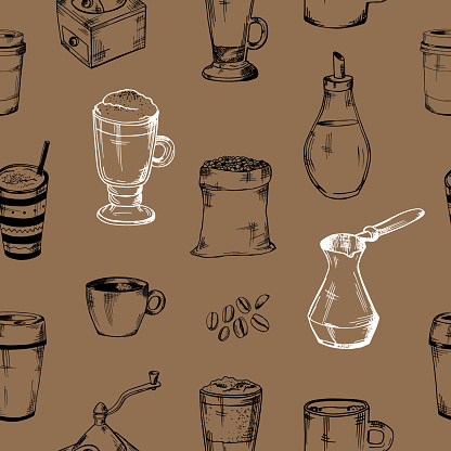 seamless coffee pattern.glass cups, mug, coffee grinder, coffee maker, coffee beans, milk jug