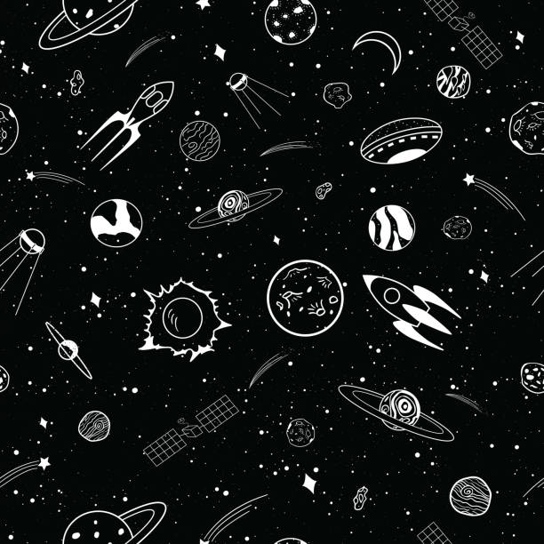 Seamless Collection of cartoons outer space objects Seamless Collection of cartoons outer space objects set design over black background outer space clipart stock illustrations