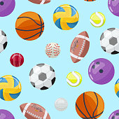 Abstract backdrop with pattern of colorful balls in different sportive games.
