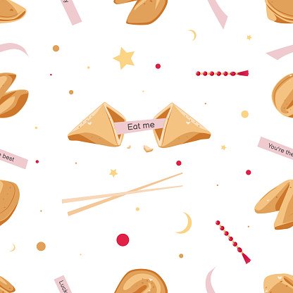 Seamless pattern of Chinese fortune cookies with predictions and bead bracelets. Vector illustration on a white background