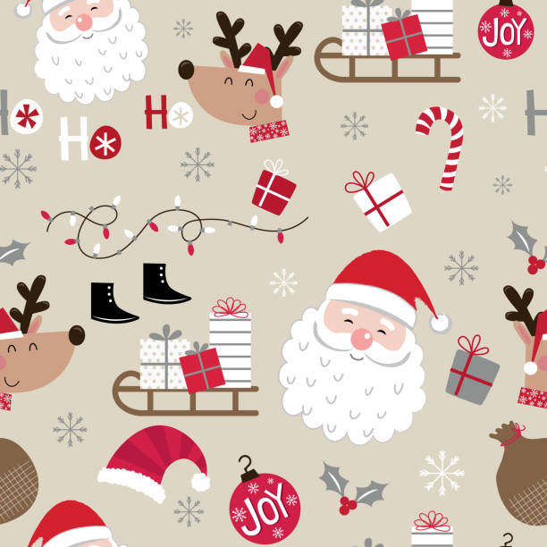 Seamless cute Christmas character design pattern Seamless cute Christmas character design pattern, cute Santa Claus, cute reindeer, hat, Santa sleigh, gift, baubles, candy canes stock illustrations