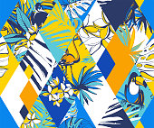 Seamless diamond shape pattern Tropical birds, palms, flowers. Artistic floral background. Hand Drawn textures. Design poster, textile, print. Vector Illustration. Blue, yellow, orange, white.