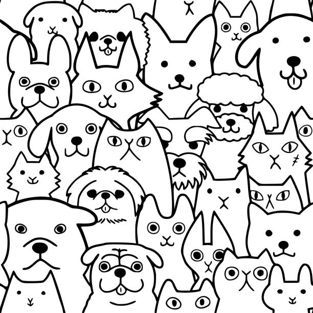 seamless doodle dogs and cats faces line art background seamless doodle dogs and cats faces line art background dog patterns stock illustrations