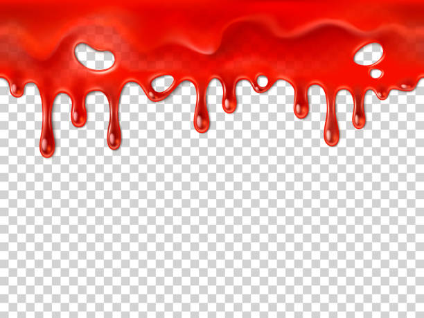 Seamless dripping blood. Halloween red bleed stain, bleeding bloody drips or ketchup drip drop realistic 3D vector illustration Seamless dripping blood. Halloween red bleed stain, bleeding bloody drips or jogging ketchup splash syrup marmalade or paint drip, running injury drop realistic 3D vector illustration running borders stock illustrations