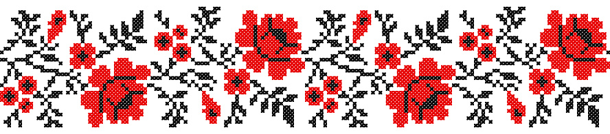 Seamless embroidered handmade cross-stitch ethnic Ukraine pattern for design. Vector red and black borders illustration on white background.