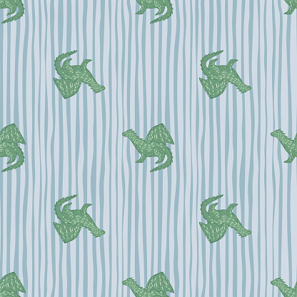 Seamless fairytail pattern with green dragons elements. White and blue striped background.