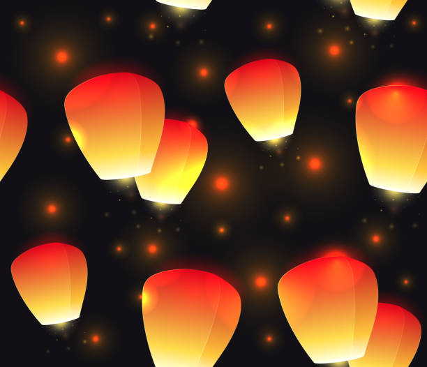 Seamless festive texture sky lanterns and sparks. Seamless festive texture sky lanterns and sparks. Vector pattern for your creativity japanese lantern stock illustrations