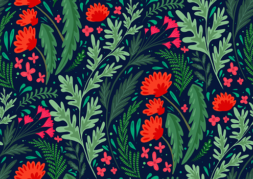 Seamless flat natural pattern with herbs and flowers of the fields on blue background. Wallpaper with poppy, wormwood, fennel and buttercups. Fabric with plants. Vector background