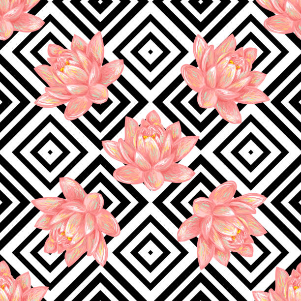 Seamless floral pattern background with tropical pink lotus Seamless floral pattern background with tropical pink lotus flower vector background. Perfect for wallpapers, pattern fills, web page backgrounds, surface textures, textile vintage beauty salon stock illustrations