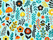 Colorful flowers seamless pattern. Hand drawn florals, leaves and berries. EPS10 vector illustration, global colors, easy to modify.
