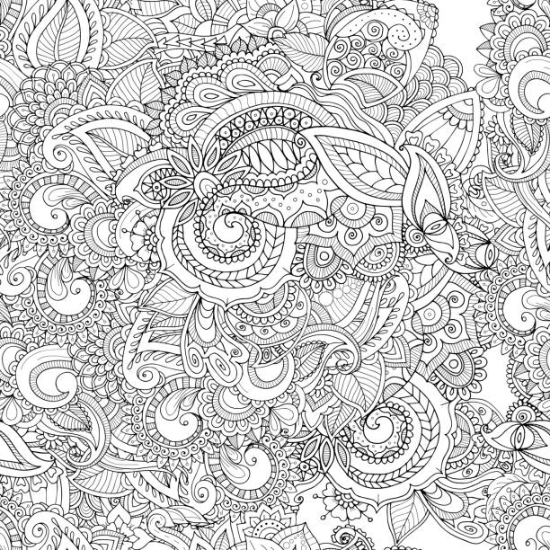 Seamless floral pattern Doodle zen vector hand drawn background template. Abstract leaves seamless pattern. Adult coloring book page. flower coloring pages stock illustrations