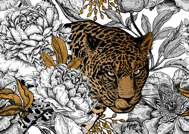 bildbanksillustrationer, clip art samt tecknat material och ikoner med sömlös blommönster med leopard och pioner. - leopard