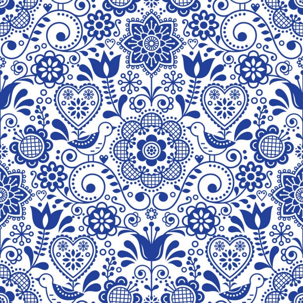 새와 꽃, 스 칸디 나 비아 감색 반복적인 꽃 디자인 원활한 민속 예술 벡터 패턴 - norway stock illustrations