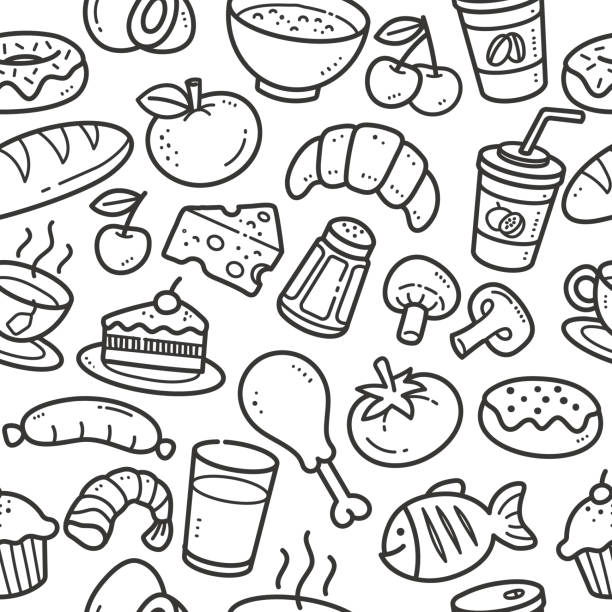 bildbanksillustrationer, clip art samt tecknat material och ikoner med sömlös mat, dryck och frukt mönster - fisk med stekt svamp