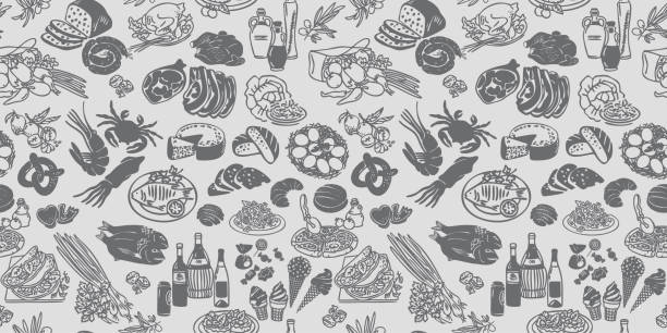 Seamless food pattern. Vector doodle with food icons. Background elements for menu, cafe, shop. Outline, Silhouette Seamless food pattern. Vector doodle with food icons. Background elements for menu, cafe, shop. Outline, Silhouette. cheese silhouettes stock illustrations