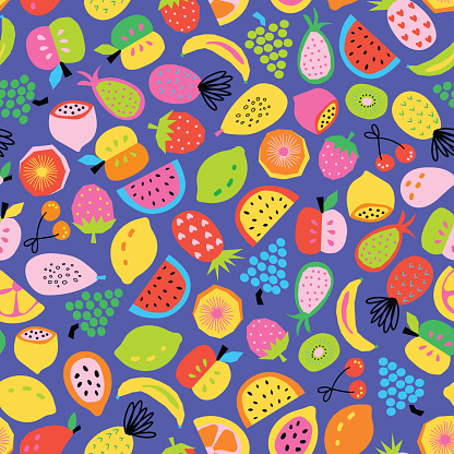 Seamless fruit vector pattern. Repeat background hand drawn for colorful summer fabric. Cute healthy fruit salad abstract paper cut style pineapple lemon banana apple orange strawberry cherry grapes.