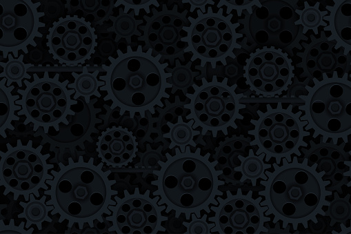Seamless gears pattern black tech background. Industrial mechanics texture. Layered dark web page fill backdrop. Technology wrapping paper design