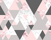 Vector seamless geometric pattern with pink and gray marble triangles. Modern polygons abstract texture on white background