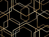 Vector seamless geometric sparkle pattern with gold foil polygons. Metallic golden hexagon abstract texture on black background
