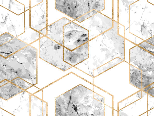 골드 반짝이 라인 및 대리석 다각형 완벽 한 기하학적 패턴 - 대리석 효과 stock illustrations