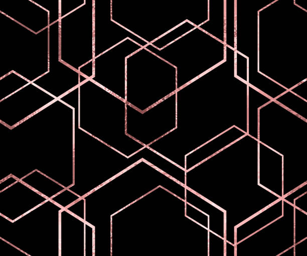 Seamless geometric rose gold glitter polygons pattern. Metallic pink hexagon abstract background Vector seamless geometric sparkle pattern with rose gold glitter polygons. Metallic pink hexagon abstract texture on black background rose gold background stock illustrations