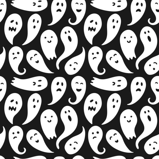 ilustraciones, imágenes clip art, dibujos animados e iconos de stock de patrón de ilustraciones fantasma sin costuras con fondo negro - ghost