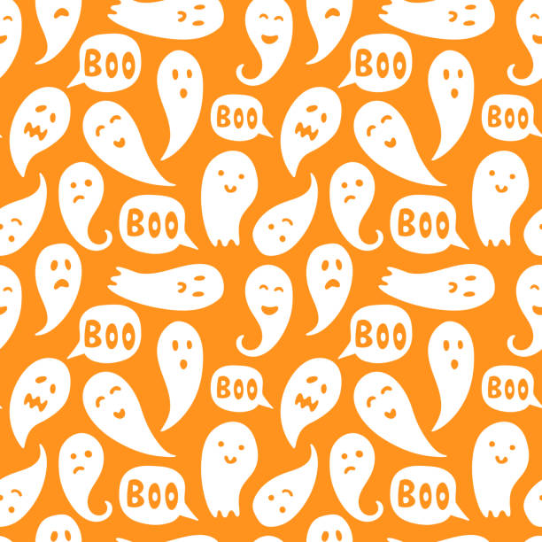 Seamless ghost illustrations pattern with halloween "boo" texts and orange background vector art illustration