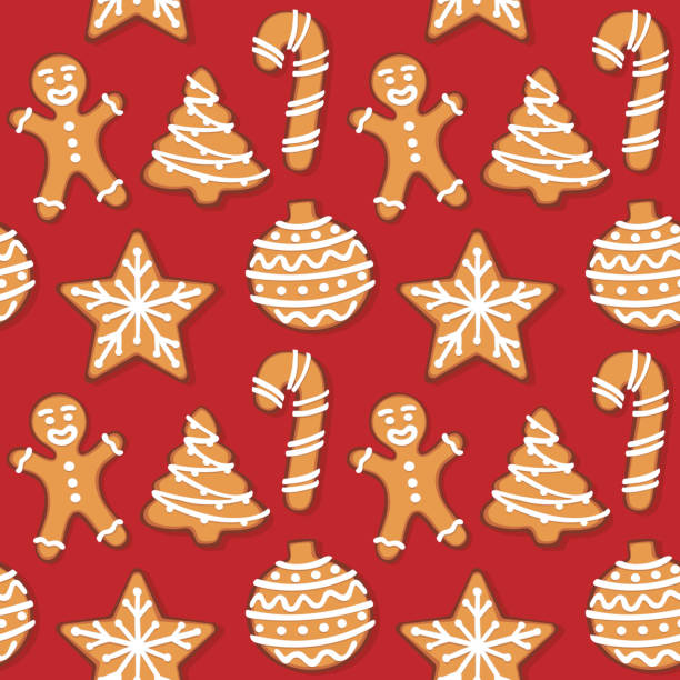 Seamless gingerbread christmas cookie illustration pattern, red background vector art illustration