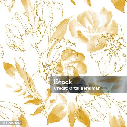 istock Seamless gold pattern with tulips and leaves. Vector 1372967650
