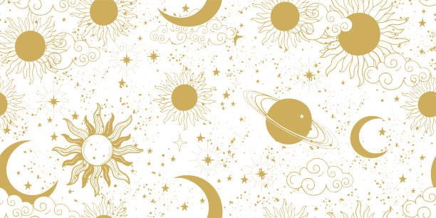 흰색 배경에 태양, 초승달, 행성과 별과 원활한 황금 공간 패턴. 벽지, 직물, 점성술, 점성술, 행운의 말하기에 대한 신비한 하늘의 신비한 장식. 벡터 그림입니다. - 점성술 기호 일러스트 stock illustrations
