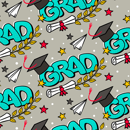 Seamless graduation pattern with comic style elements.