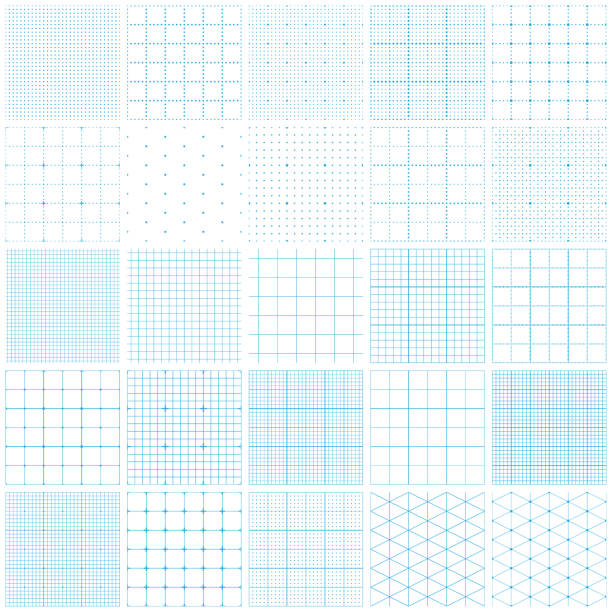 Seamless graph paper Set of blue graph paper. Lines and dots, dotted grid paper, dashed lines. Grid seamless patterns. Vector geometric backgrounds. grid pattern stock illustrations