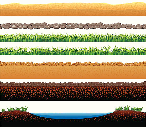 Seamless Ground Hand drawn cartoon seamless borders with grass, ground, sand , cobble surfaces grass borders stock illustrations