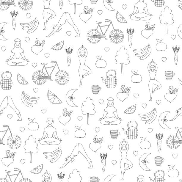 Seamless healthy lifestyle pattern. Yoga and fitness background. Vector illustration. Seamless healthy lifestyle pattern. Yoga and fitness background. Vector illustration. yoga drawings stock illustrations