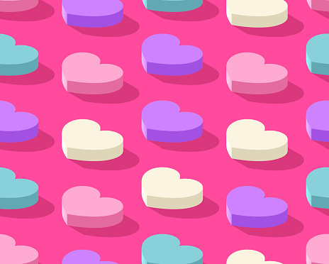 Seamless Hearts 3D Isometric Background Pattern