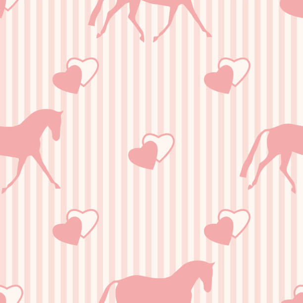 Seamless horse pattern. Realistic vector silhouette, flat style, Valentine hearts. Pastel pink vertical background. horse backgrounds stock illustrations